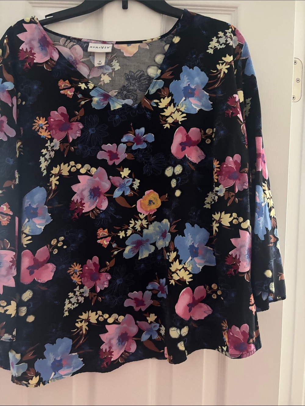 Ava & Viv Black Floral V-Neck Long Sleeve Blouse with Pink, Blue & Yellow Blooms